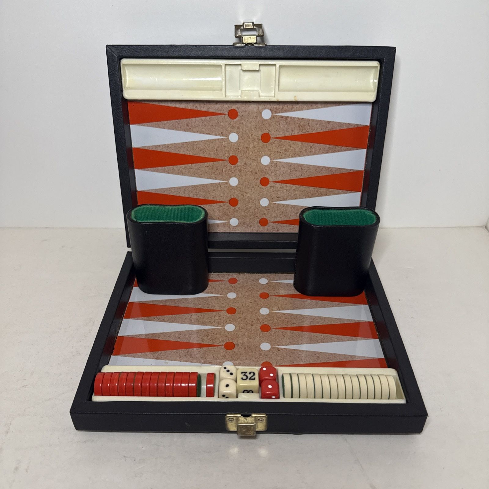 Vintage Backgammon Set Red & Brown Leather Folding Case - Missing Three Chips!