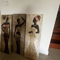 Cuadros - Pinturas Tríptico de Arte Africano Elegante - Mujeres en Traje Tradicional