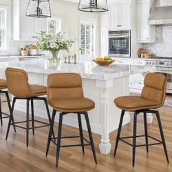 26 Inch Swivel Bar Stools Set of 3, Counter Height Barstools, Double Upholstered, Faux Leather, Metal Legs, Kitchen Island, Whiskey Brown