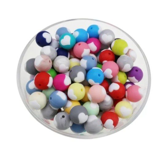 Valentines Day beads • Heart print • silicone round beads • 5pcs • 15 mm • lot