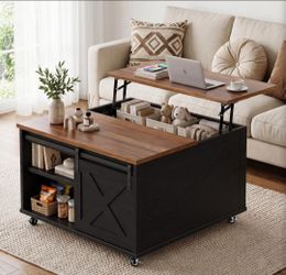 31" Lift Top Square Coffee Table, Farmhouse Coffee Table with Sliding Barn Door, Hidden Storage Compartment & Lockable Rolling Wheels, Multifunctional