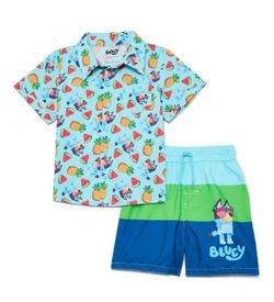 NWT boys Bluey swimming trunks with matching resort button up size 4t
