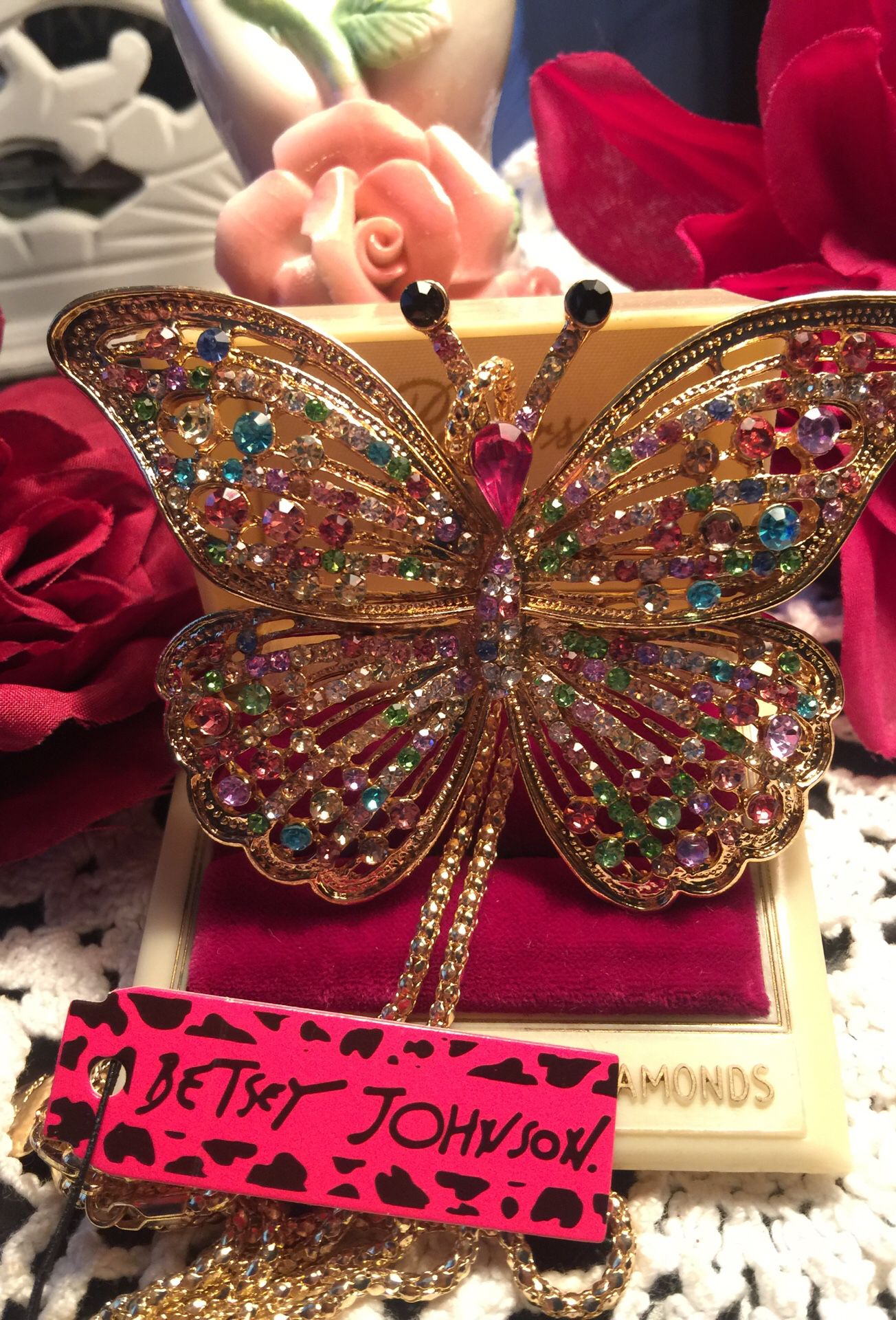 Stunning rhinestone crystal colorful rhinestone Butterfly. Necklace & brooch Betsey Johnson designer quality piece on a gold chain