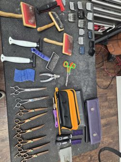 Professional Dog Grooming Tool Lot – Shears, Blades, Brushes, Clipper