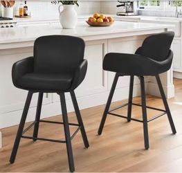 Set of 2 Black Faux Leather Swivel Counter Stools