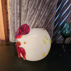 Art Glass Speckled Hen Murano Style Chubby Chicken Rooster Figurine Yellow Red