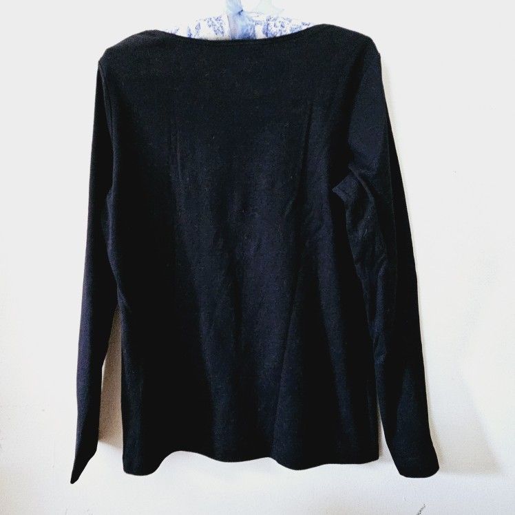 Size Medium Karen Scott Black Long-Sleeved 100% Cotton Shirt with Kitty Cats Design & Red Pom Pom Hat Tassels strategically placed & Express 100% Cash