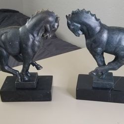 Horses Cast Iron Sculptures Bookends on marble bases

