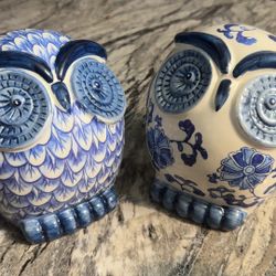 Jingdezhen Blue & White Ceramic Owl Sculptures, Home Decor