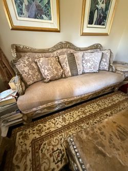 Luxury Designer Carved Wood Sofa – Formal Living Room Couch – Excellent Condition