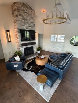 Genuine Leather Sectional, Arm Char and Ottoman in Oxford Blue