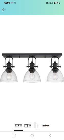 GOLDEN LIGHTING HINES BLK WITH SEEDED GLASS 3 LIGHT SEMI FLUSH MOUNT NEW IN THE BOX