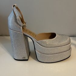 Silver Chunky Platform Closed Toe Crystal Studded Heels 