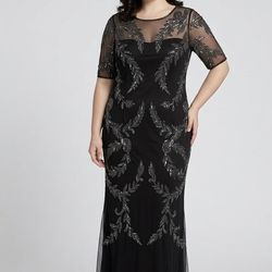 Papell Boutique Black Midi Dress with Silver Leaf Embroidery size 14