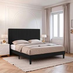 Full Size Platform Bed Frame with Upholstered Adjustable Velvet Vertical Tufted Headboard, Black