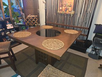 Square Wood Dining Table with Center Glass Insert