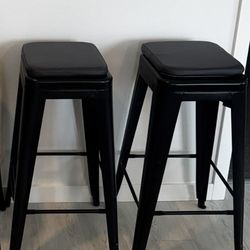 Set of 2 Industrial Metal Bar Stools + Magnetic Cushions