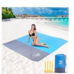 Beach Blanket Sandproof Waterproof, 83” x 79” Sand Free Beach Mat with 4 Stakes for Beach, Camping, and Picnic