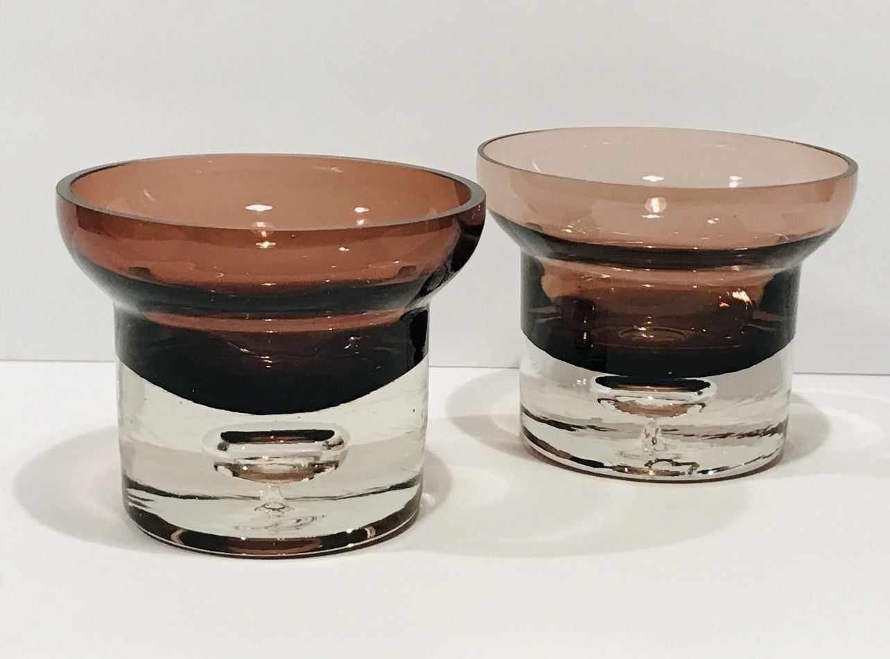Vintage Krosno Poland Set of 2 Amethyst Glass Candle Holders Bubble Base 3” Tall