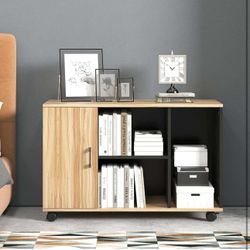 Office File Cabinet, Mobile Lateral Filing Cabinet with 1-Door, Storage Cabinet with Lockable Wheels for Home, Office, School, Black&Brown