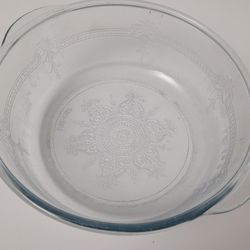 Vintage Fire-King Oven Etched  Glass Dish Antique Casserole Dish 8" With Handles