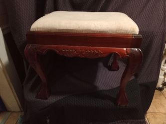 Vintage Carved Mahogany Upholstered Footstool Ottoman