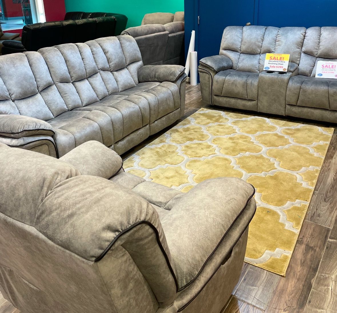 Holiday blowout sale. Barcelona soft gray reclining sofa and loveseat set $1099. Easy finance option. Same day delivery.