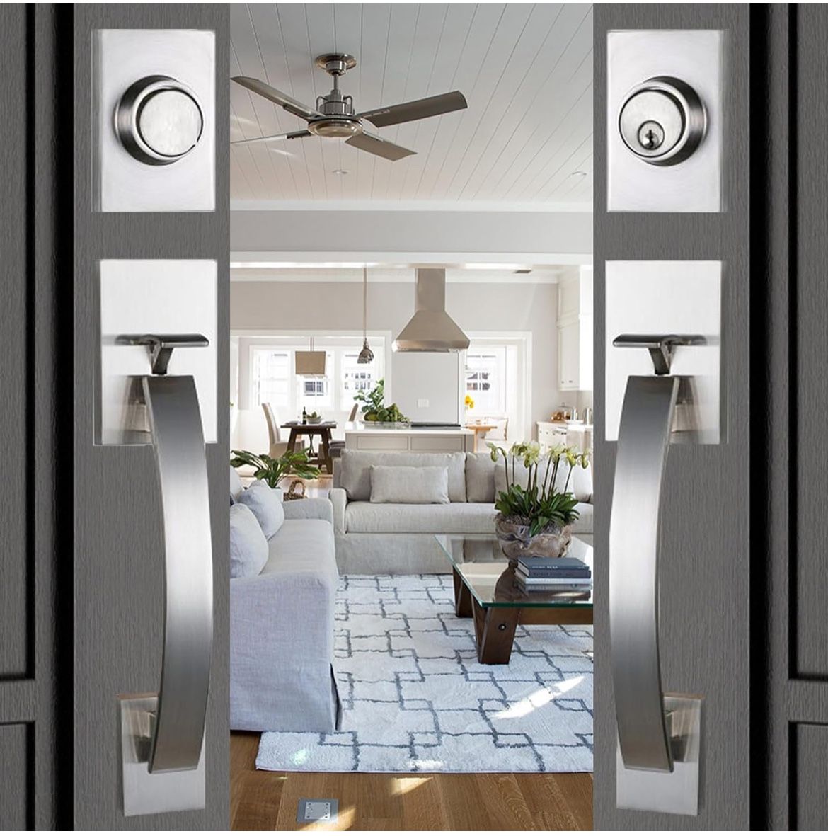 NEWBANG Silver Double Doors Handle Lock Set for Front & Entry Door - Satin Nickel Finish,MDHST2017SN-SET-BR
