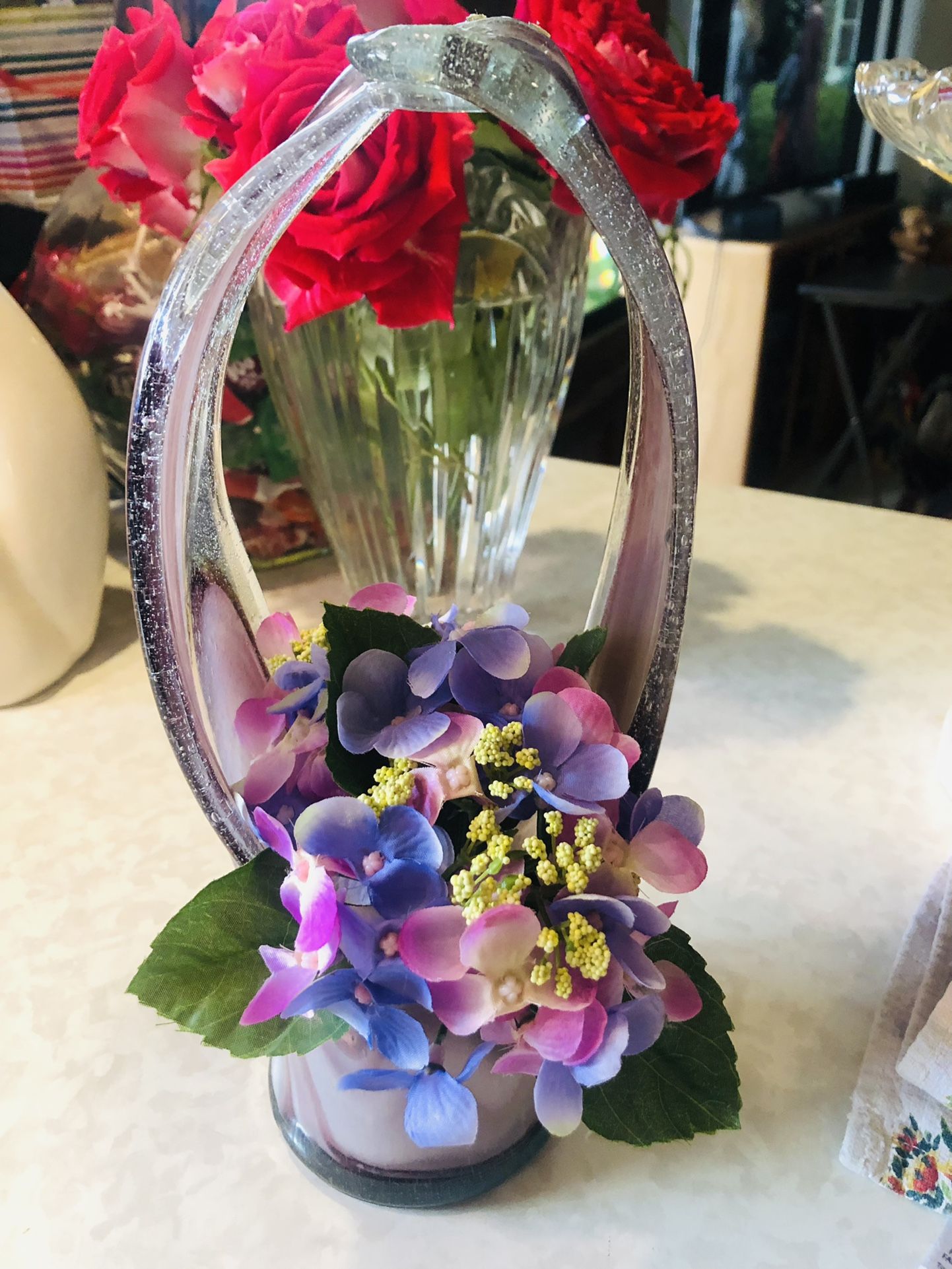 Mid Century Stretch Art Glass Purple Basket Vase