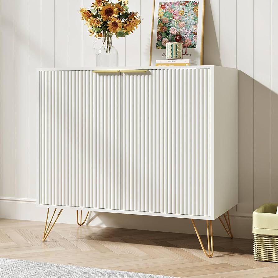 White Cabinet with 2 Doors, Fluted Sideboard Buffet Storage Cabinet with Metal Legs and Adjustable Shelf, Accent Cabinet for Kitchen, Entryway, Living