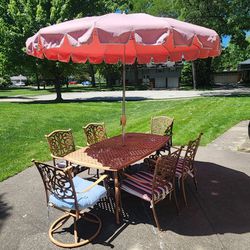 Patio Furniture--8' Umbrella With 6 Chairs And 6 Cushions