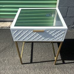 Modern White & Gold Glass-Top Nightstand / Accent Table