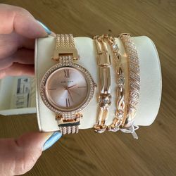 Anne Klein Rose Gold Watch And Bracelet Set Brand New 