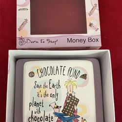 BORN TO SHOP CHOCOLATE FUND CERAMIC PIGGY COIN BANK MONEY BOX