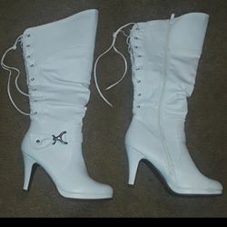 Top Moda Women's White Knee High Round Toe Lace up Slouched High Heel Boots Size 10.