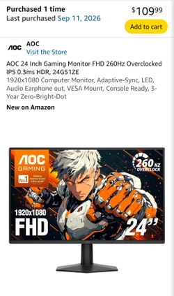 AOC 24" 260hz 1080p Gaming Monitor