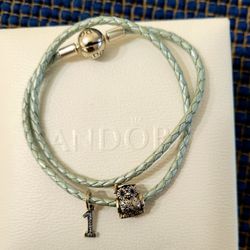 Pandora Light Green Double Leather Bracelet  with 2 Charms ( Graduation Owl / Number 0ne ) Excellent Condition. 