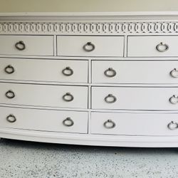 A very large, light gray Evolur Julienne dresser in the "French Country" style.