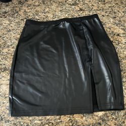 Black Pleather Mini Skirt With A Slit