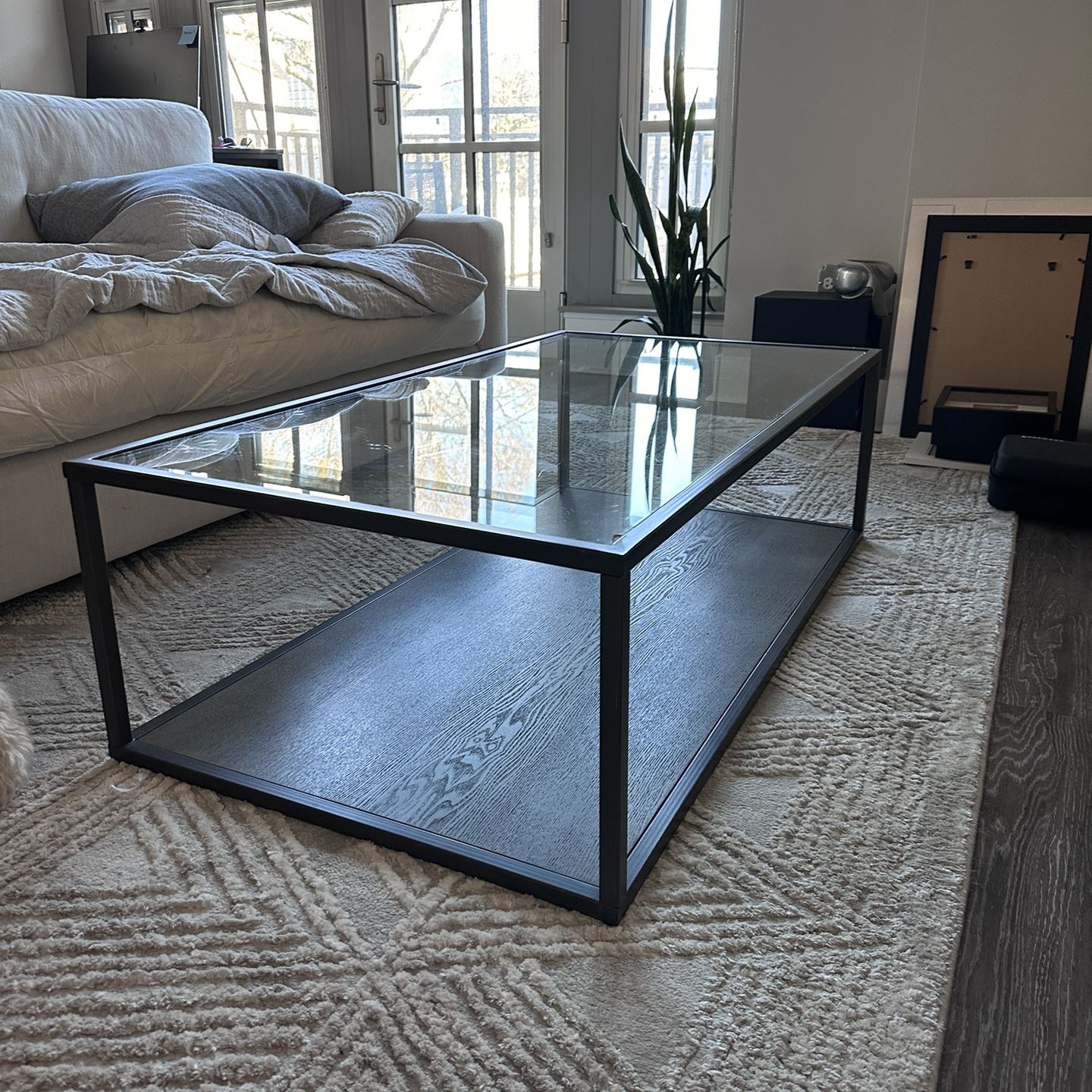 Crate & Barrel Glass, Wood And Metal Coffee Table