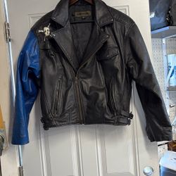 Vintage Block And Blue Motorcycle Leather Jacket Size Large