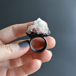 Handcrafted Cocktail Ring Black Stone White Crystal Unique Women Jewelry