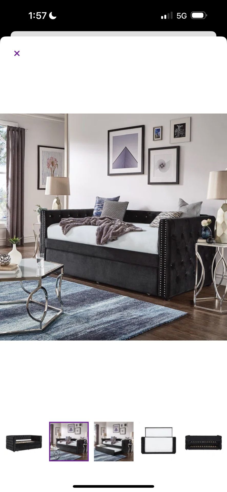 BLACK VELVET UPHOLSTERED DAYBED WITH TRUNDLE
