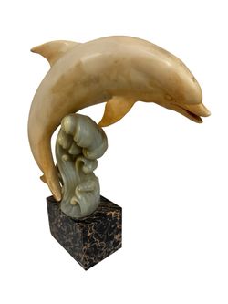 Carved Dolphin Sculpture on Marble Base