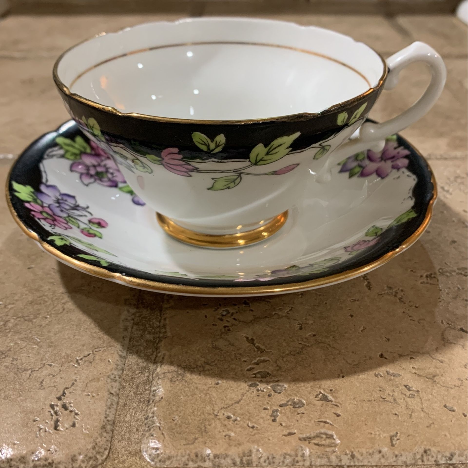 Vintage Stanley Black with Floral Bone China Teacup and Saucer