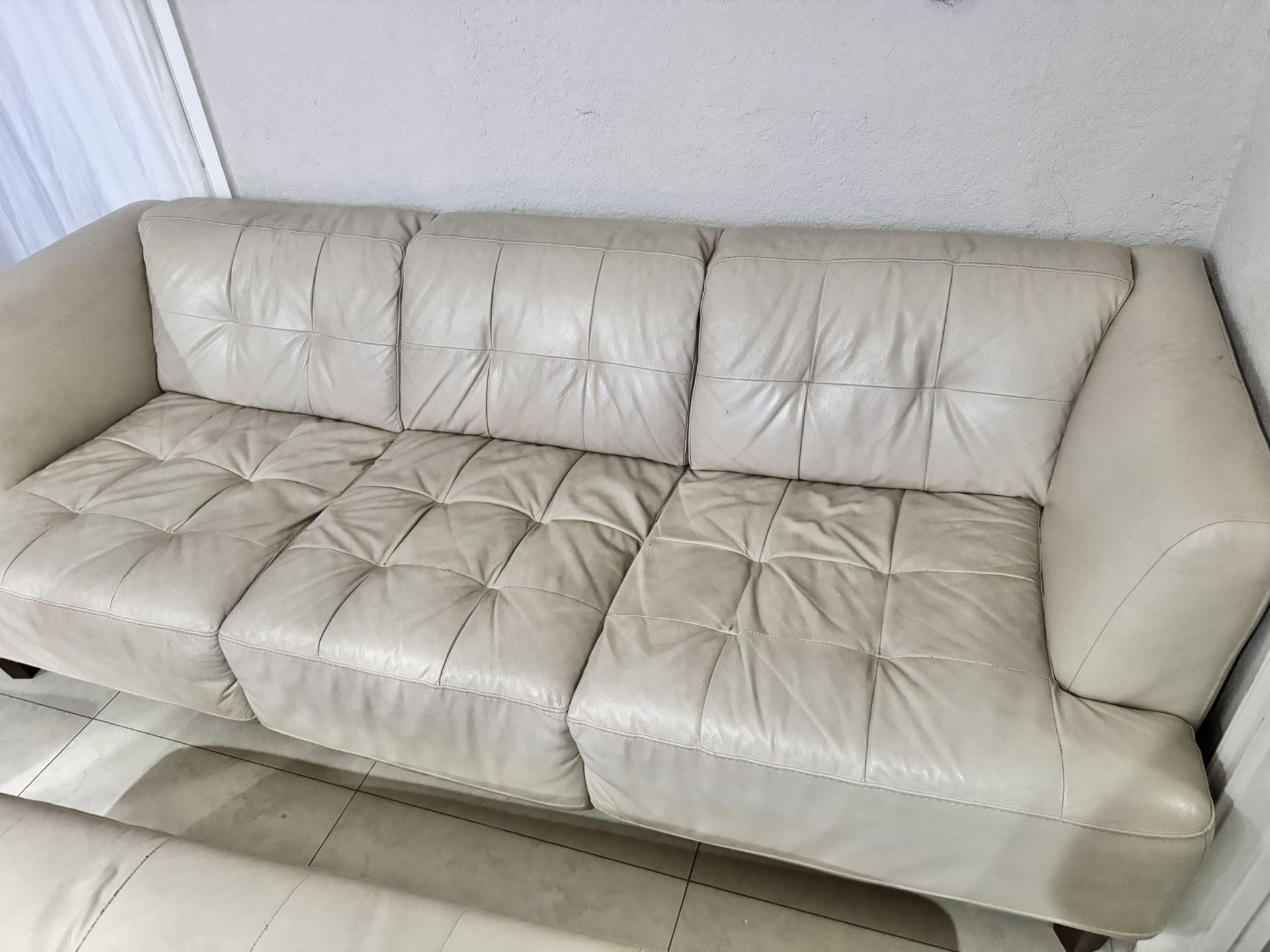 Beige Leather Sofa With Ottoman