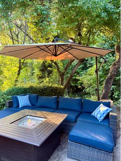 Outdoor Sectional Sofa Set | Fire Table | Cantilever Umbrella