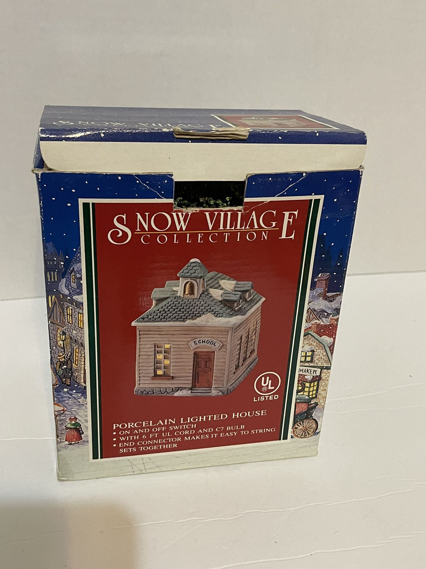 Snow Village Collection porcelain lighted schoolhouse with trees in original box. 