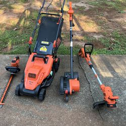 Black & Decker electric corded, lawnmower, hedge trimmer, edger string trimmer used 100