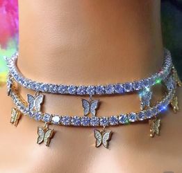 18K Gold Plated Diamond CZ Butterfly Charm Choker Tennis Chain Jewelry